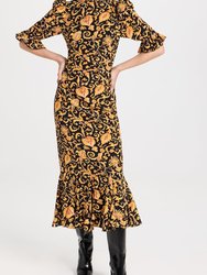 Women's Felix Dress, Baroque Heart, Floral, Puff Sleeves Gold Midi Dress - Multicolor