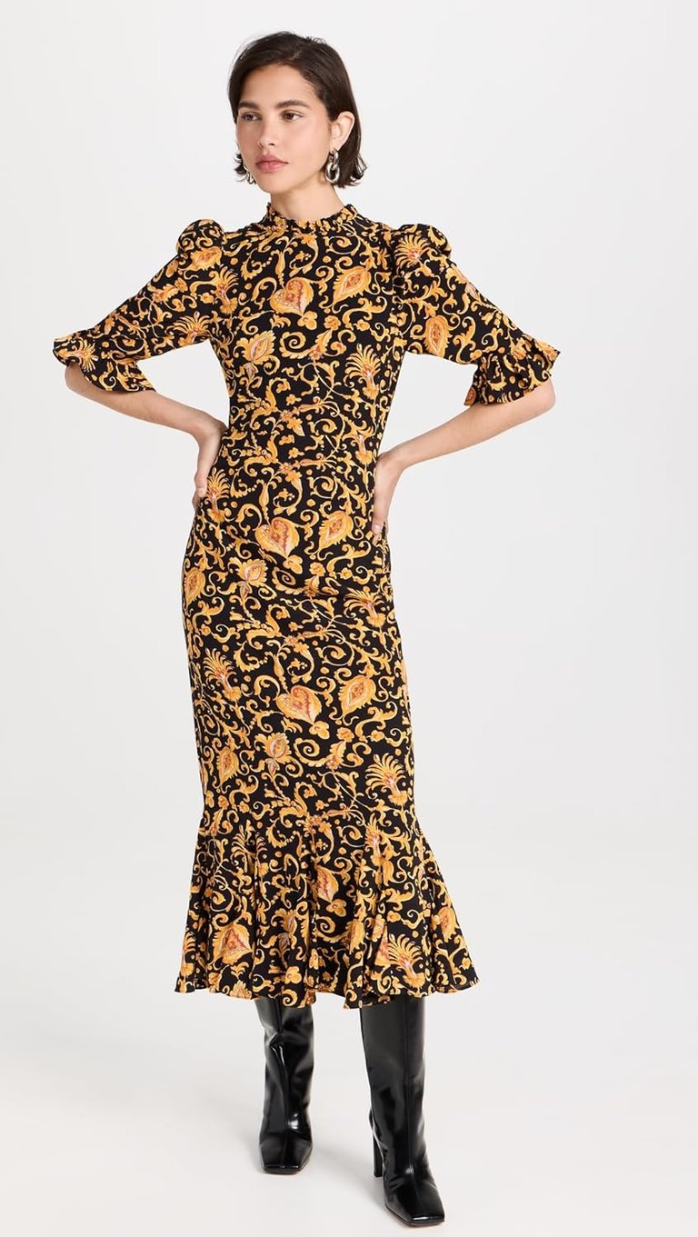 Women's Felix Dress, Baroque Heart, Floral, Puff Sleeves Gold Midi Dress - Multicolor