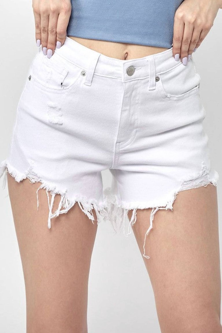 Denim High-Waisted Distressed Raw Hem Shorts In White - White