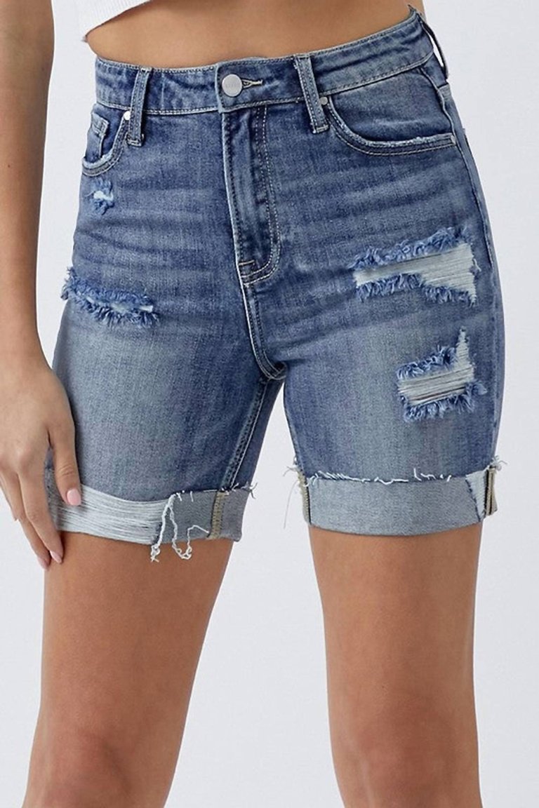 High-Rise Distressed Cuffed Denim Shorts In Medium Wash - Medium Wash