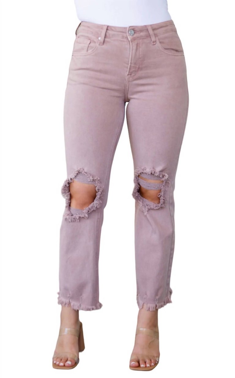 High Rise Distressed Straight Jeans In Mauve - Mauve