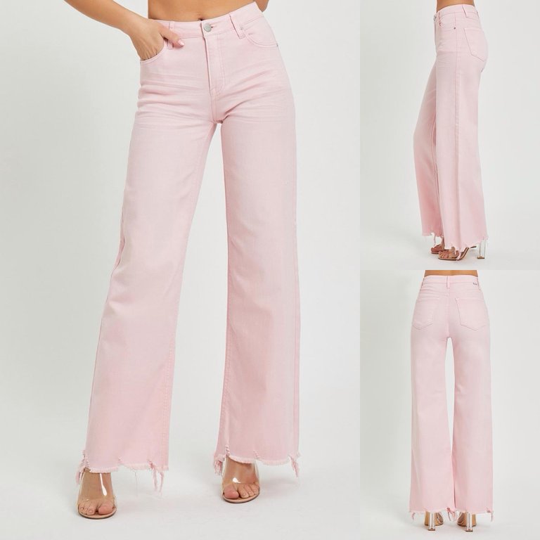 High Rise Frayed Hem Jeans In Light Pink - Light Pink