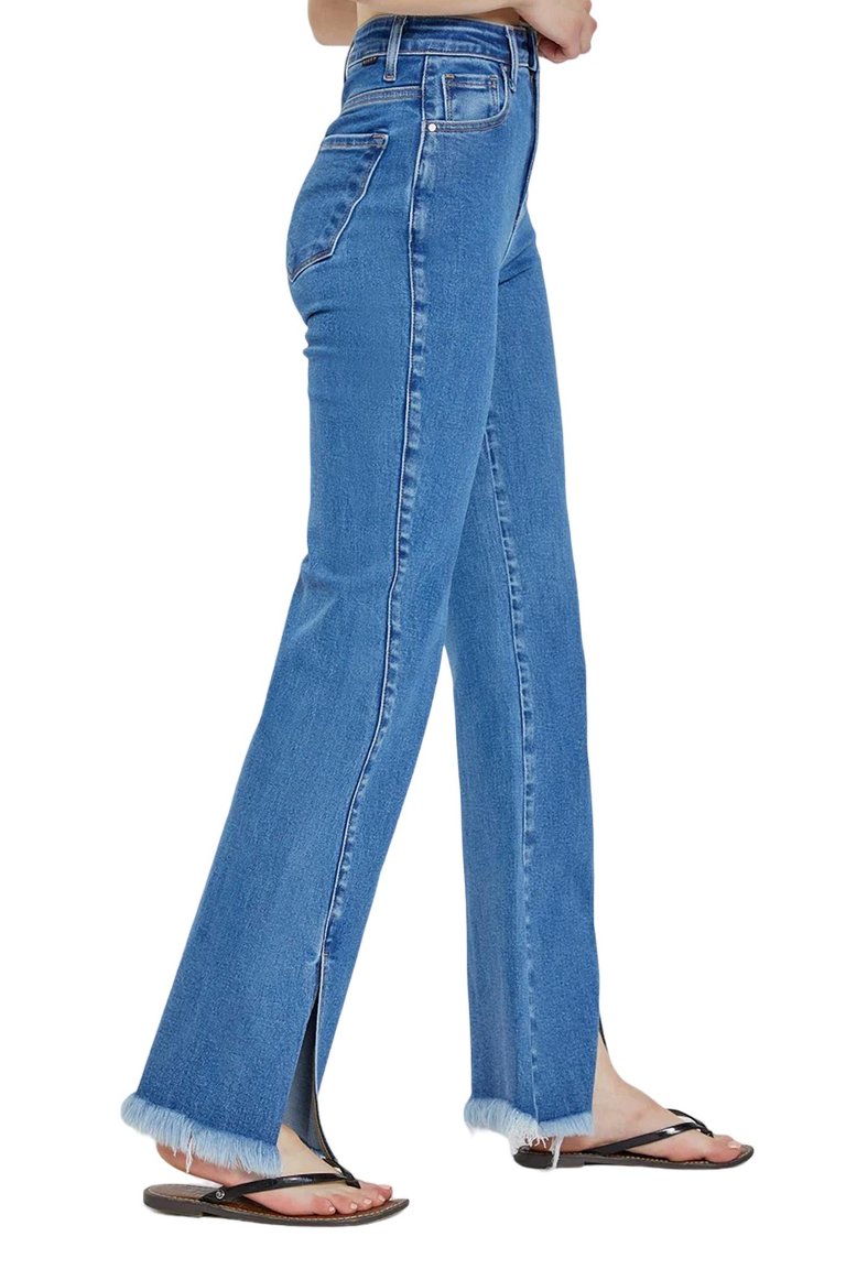 High Rise Front Slit Relaxed Straight Jean In Medium Wash