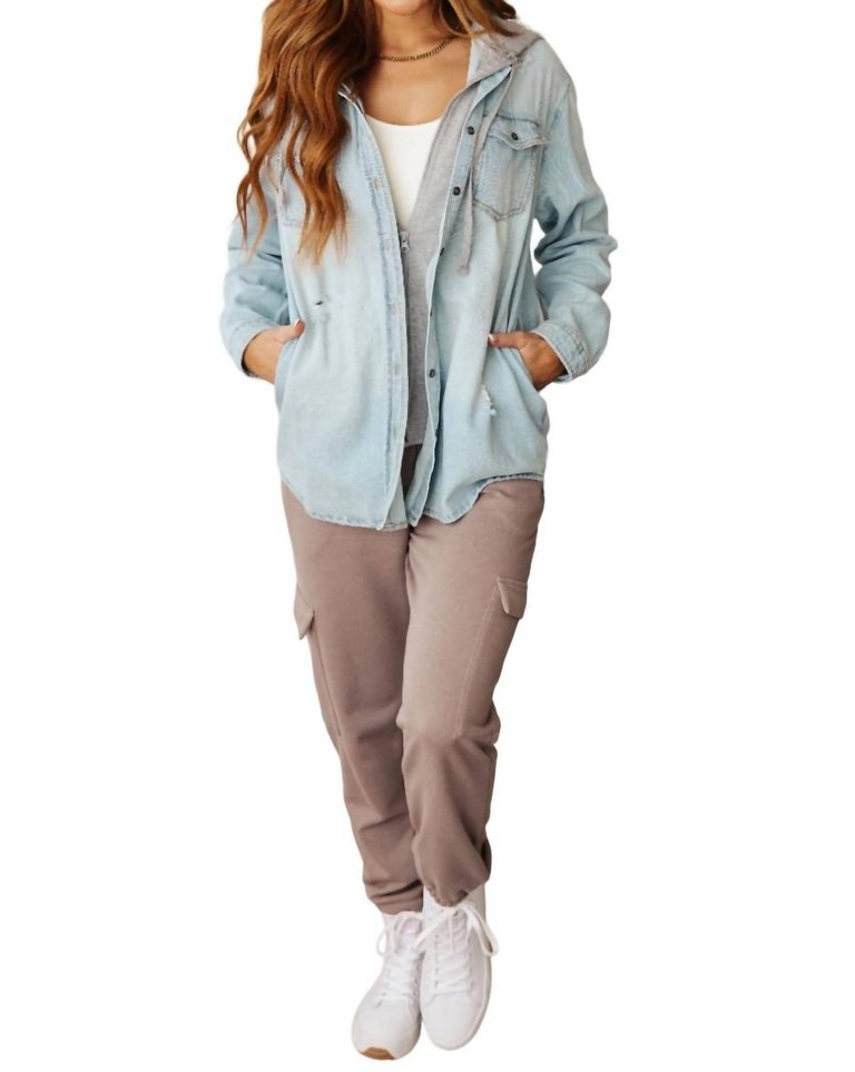 Hooded Denim Shacket In Light Wash - Light Wash