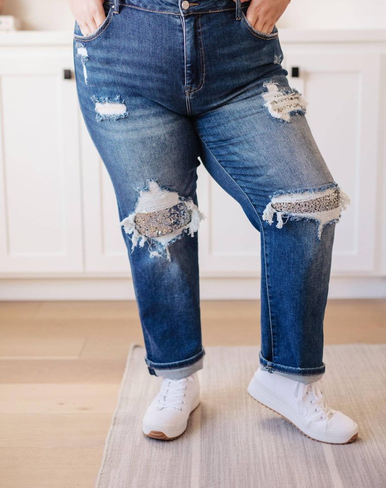 Mid Rise Sequin Patch Tapered Jeans In Dark Wash