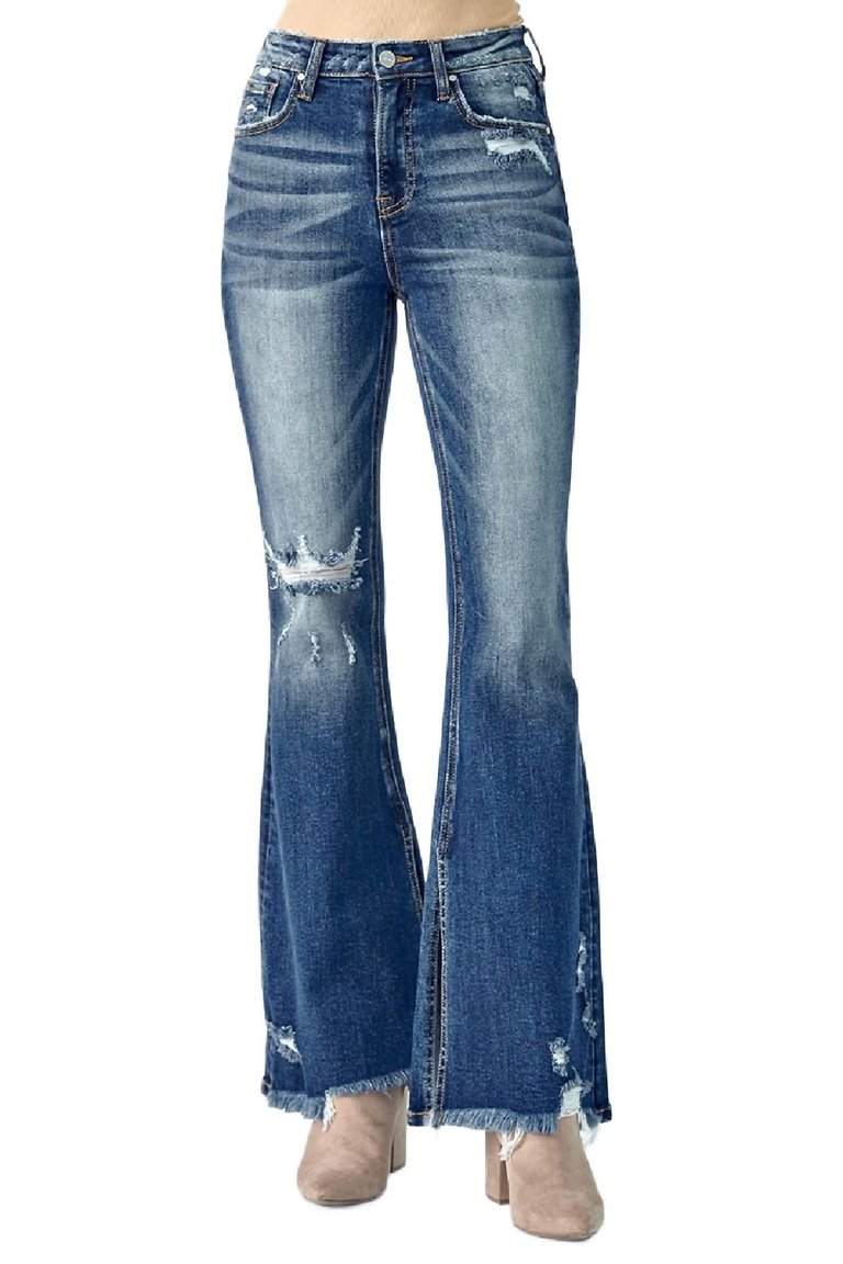 Women's Flare Distressed High Rise Slit Jeans In Blue