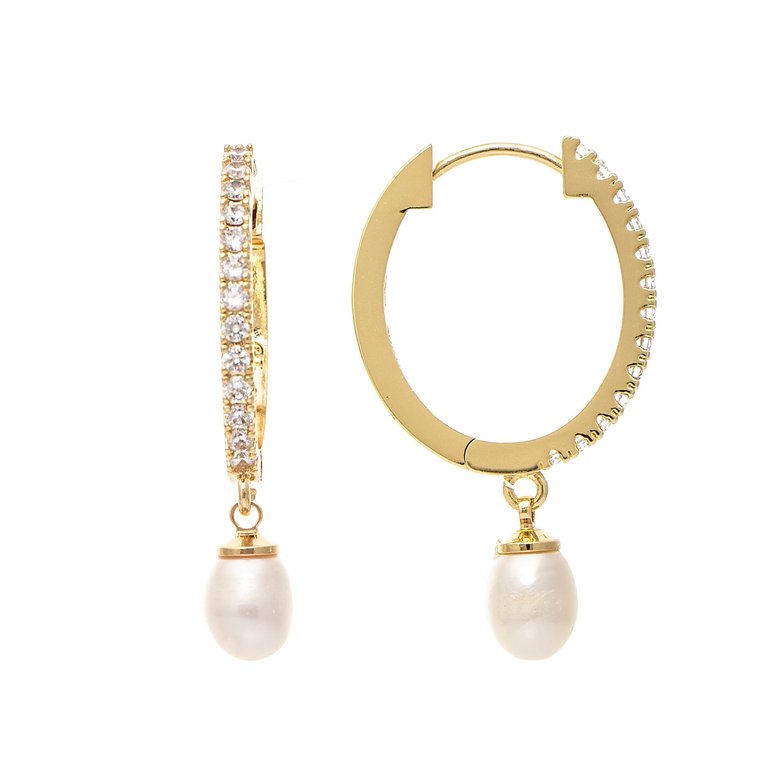 Cubic Zirconia Encrusted Hoop with Pearl Charm - Gold