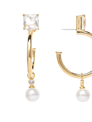 Cubic Zirconia Top + Pearl Dangle Hoop Earrings - Gold