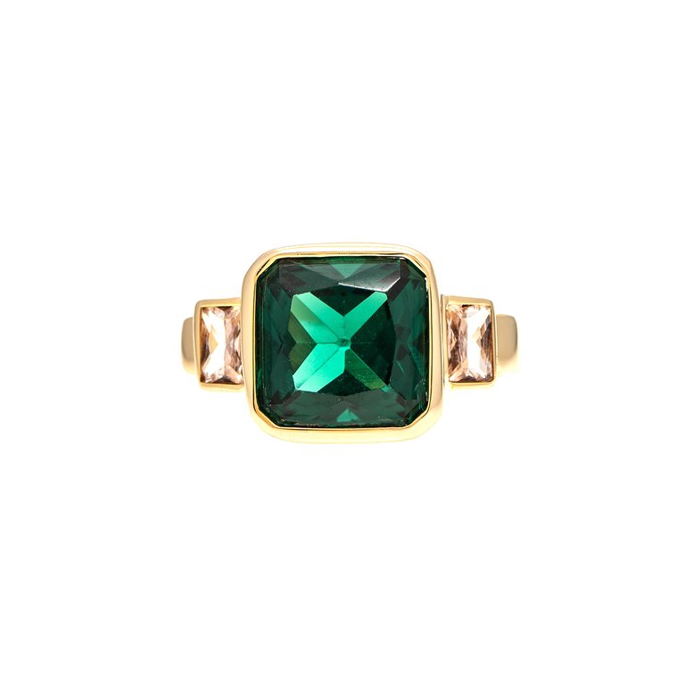 Cushion Cut Emerald + CZ Ring - Gold