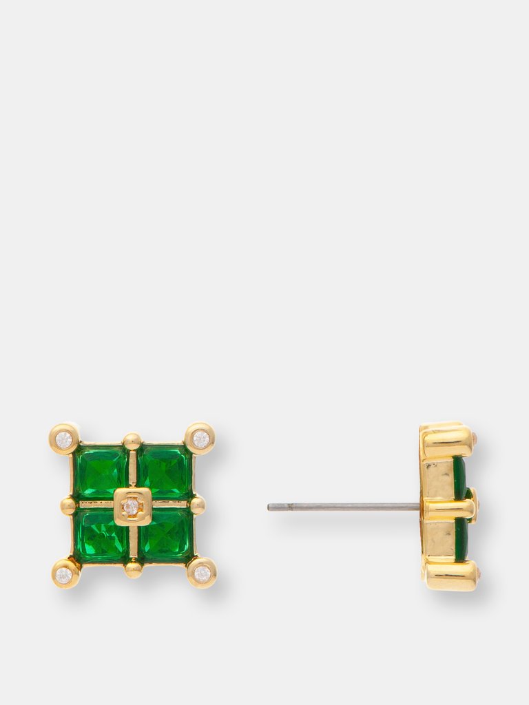 Emerald Crystal Square Cluster Stud Earrings - Emerald Green/Gold