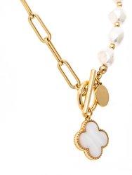 Half Pearl + Half Paperclip Chain Necklace With Clover Charm