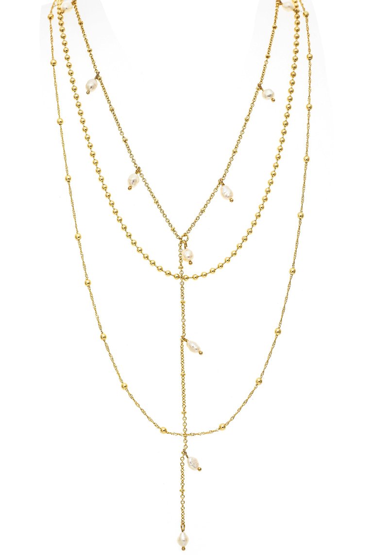 Layered Pearl + Bead Chain Necklace Set - Gold