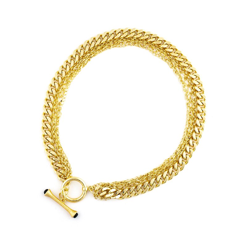 Multi Chain Link Necklace with Onyx Toggle - Gold
