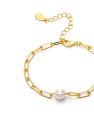 Paper Clip Chain + Fresh Water Pearl Accent Bracelet - Gold