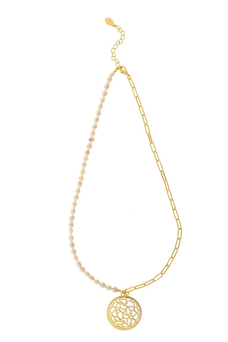 Pearl & Chain Medallion Drop Necklace - Gold