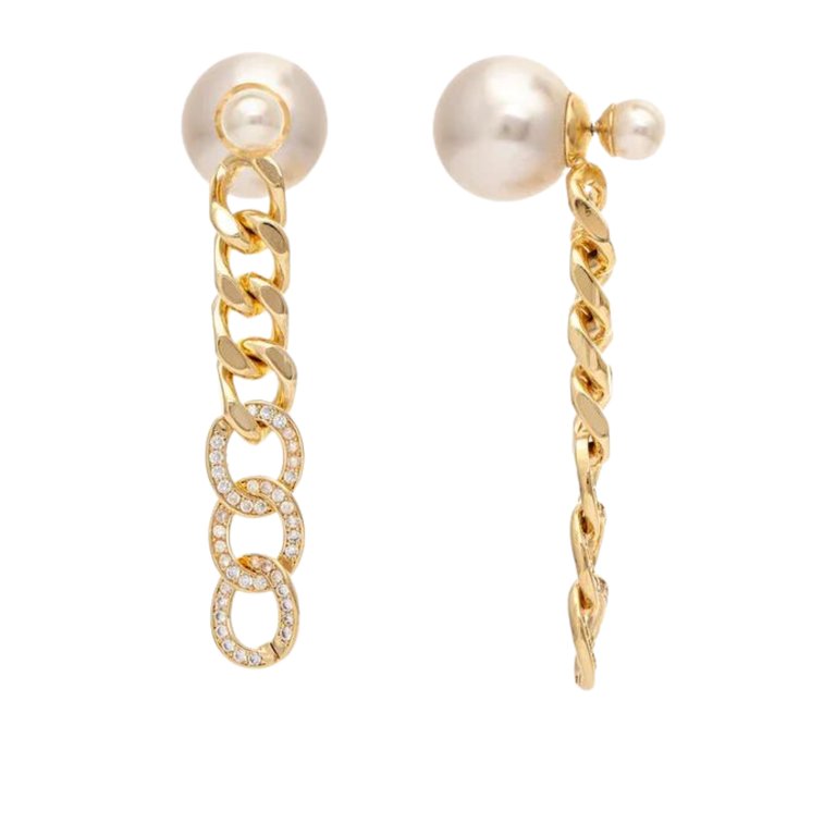 Pearl Front-Back + Cubic Zirconia Chain Dangle Earrings - Gold