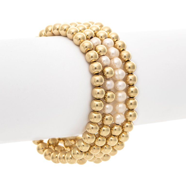 Polished Bead & Pearl Stretch Bracelet Set - Gold