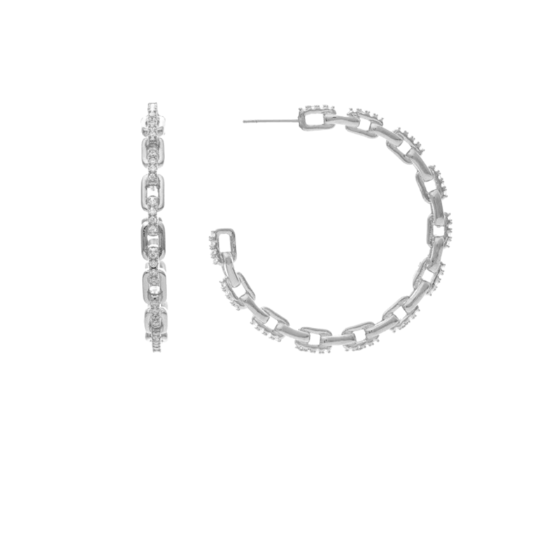 Rhodium Chain + Cubic Zirconia Hoop Earrings - White Rhodium