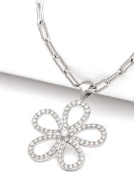 Rhodium Cubic Zirconia Flower Pendant Necklace