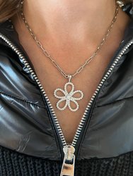 Rhodium Cubic Zirconia Flower Pendant Necklace