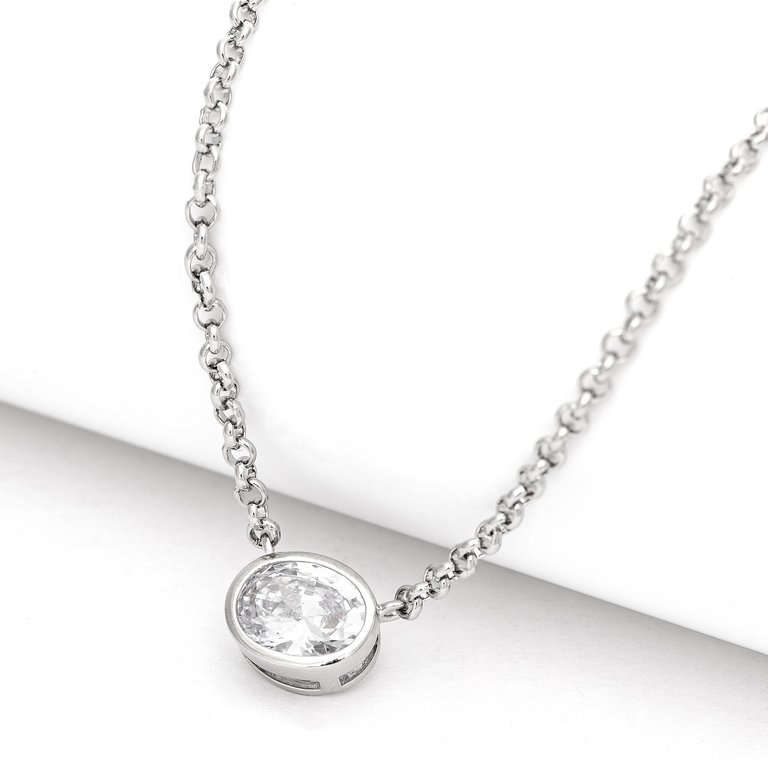 Rhodium Oval Bezel Cubic Zirconia Pendant Necklace