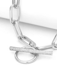 Rhodium Paper Clip Chain + Cubic Zirconia Toggle Necklace - Silver
