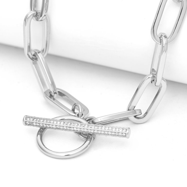 Rhodium Paper Clip Chain + Cubic Zirconia Toggle Necklace - Silver