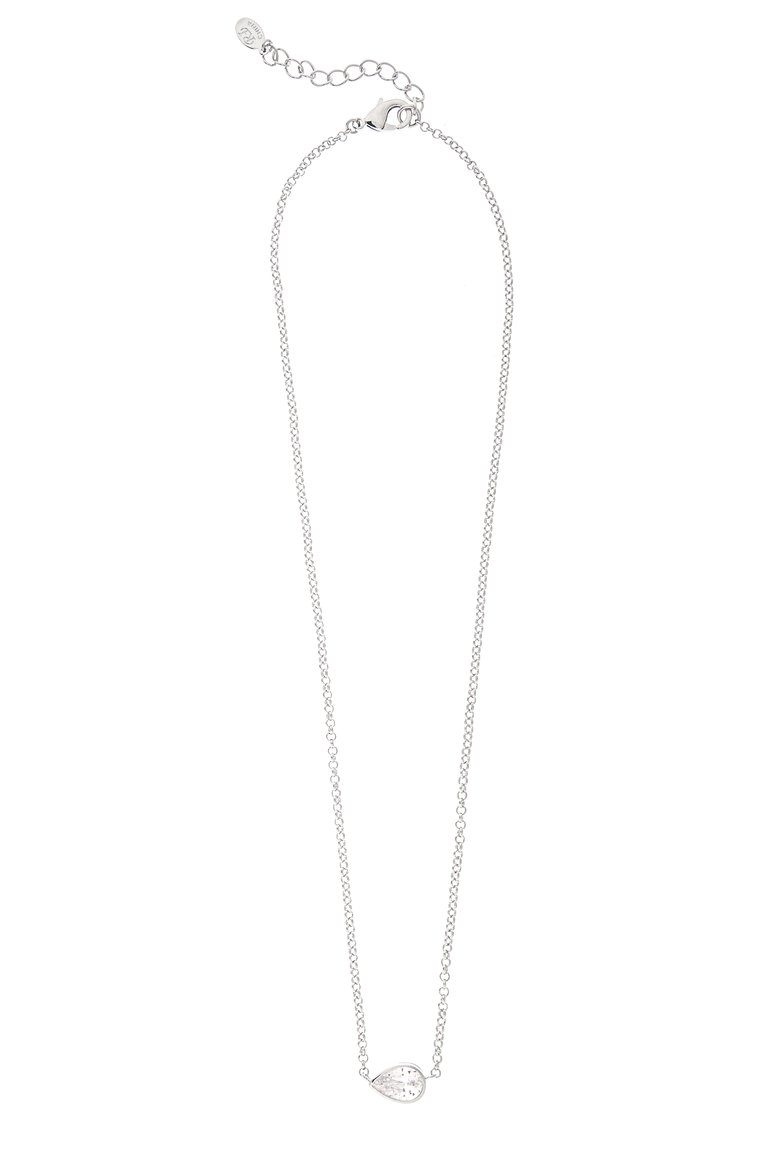 Rhodium Pear Cut Bezel Set Cubic Zirconia Pendant Necklace - Silver