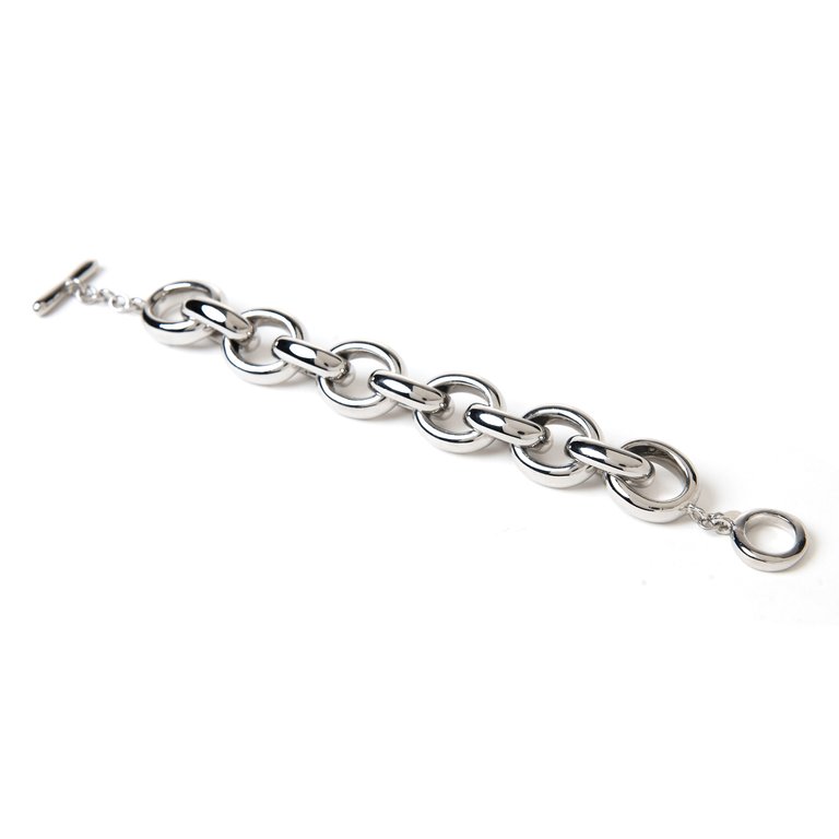 Rhodium Polished Rolo Link Toggle Bracelet - 7.5" - Silver