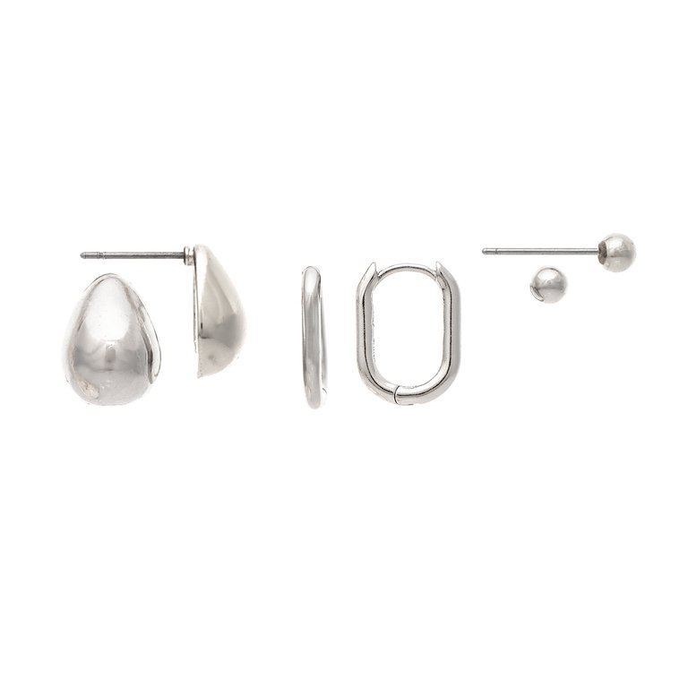 Rhodium Polished Three Earring Set - White Rhodium
