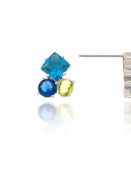 Rhodium Three Stone Cluster London Blue + Peridot + Sapphire Crystal Earrings - Multi