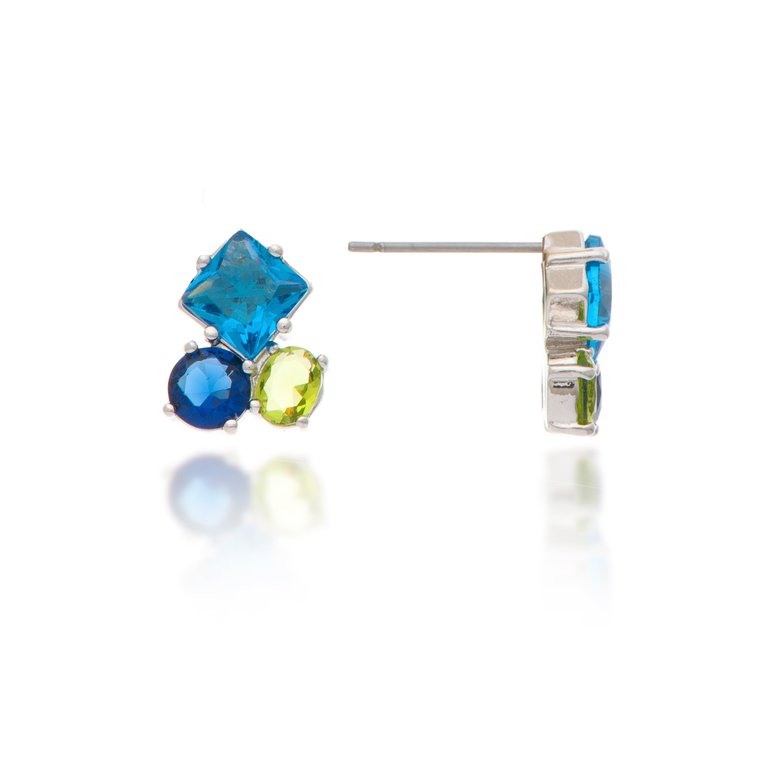Rhodium Three Stone Cluster London Blue + Peridot + Sapphire Crystal Earrings - Multi