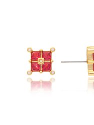 Ruby Crystal Square Cluster Stud Earrings - Gold/Red