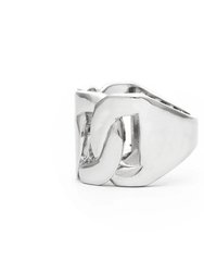 White Rhodium Clad Solid Curb Link Chain Motif Polished Ring