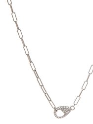 White Rhodium Pave Cubic Zirconia Lobster Clasp Necklace On Paper Clip Chain - Silver