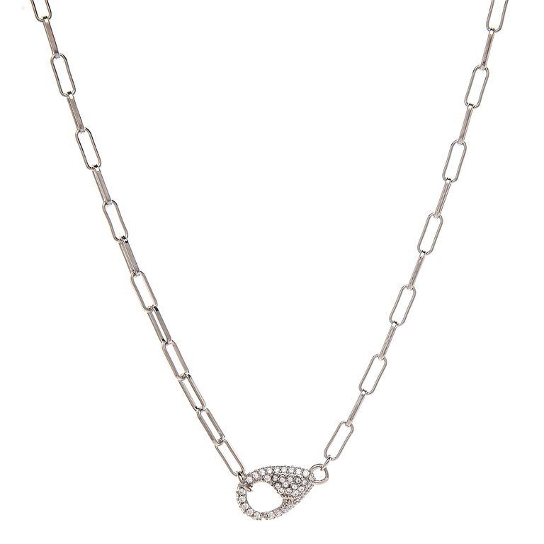 White Rhodium Pave Cubic Zirconia Lobster Clasp Necklace On Paper Clip Chain - Silver