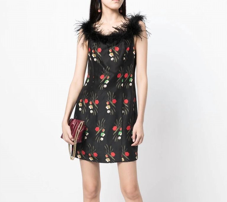 Floral-Print Feather-Trim Mini Dress - Black
