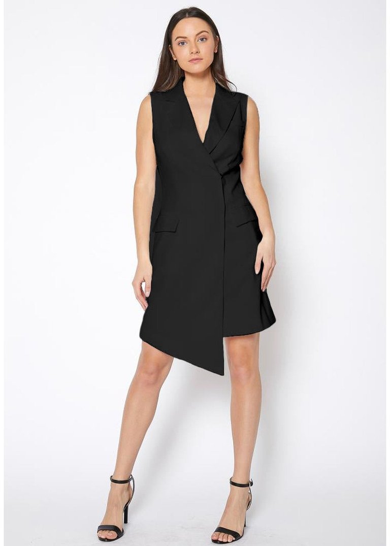 Women's Asymmetrical Sleeveless Blazer Dress - Black