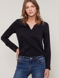 Women's Round Split Neck Hi-Lo Top - Black