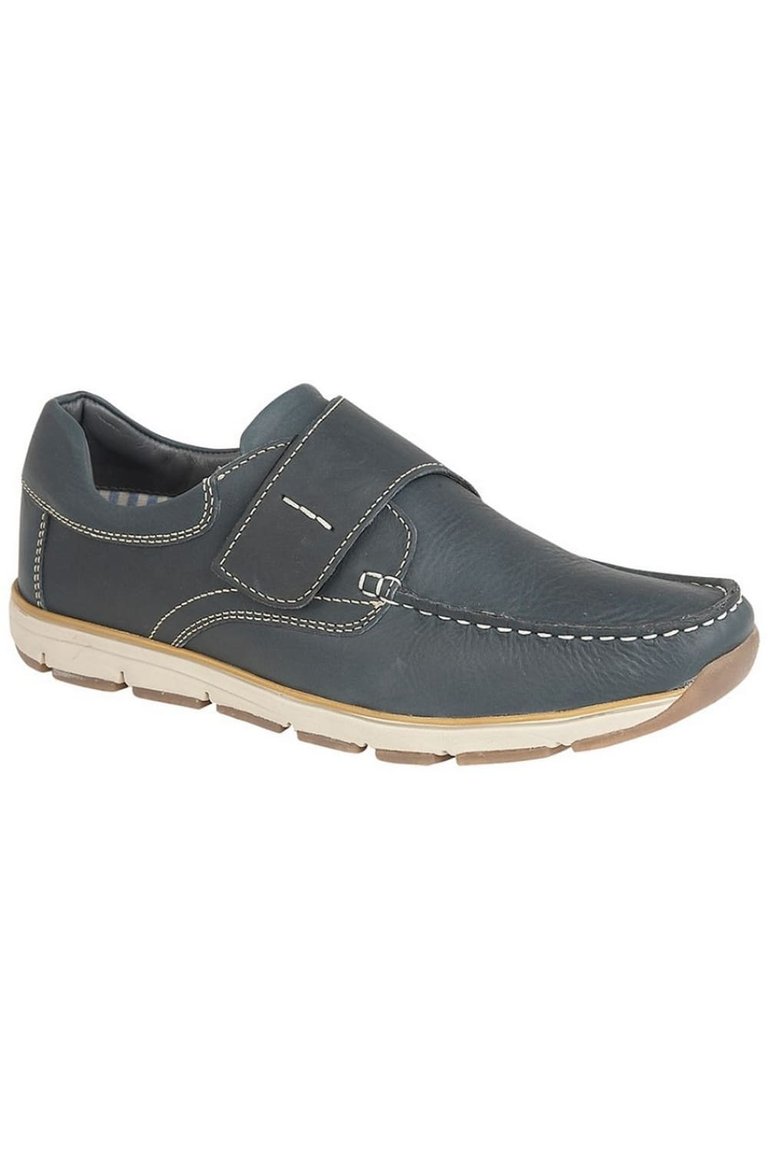 Mens Leather Touch Fastening Apron Moccasin Leisure Shoe - Navy - Navy