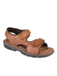 Mens Leather Twin Touch Fastening Sandal - Tan - Tan