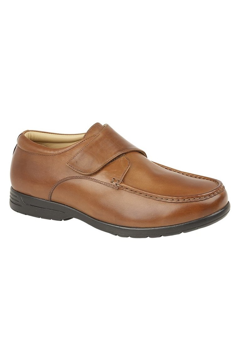 Mens Leather XXX Extra Wide Touch Fastening Casual Shoe - Tan - Tan