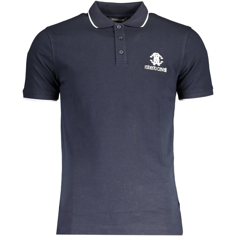 Men's Blue Short Sleeve Cotton Polo T-Shirt With White Logo - Blue