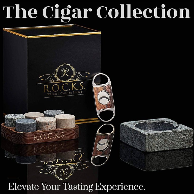 Whiskey Stones Gift Set with Cigar Cutter & Cigar Ashtray