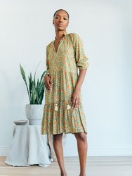 Sienna Dress Midi - Green Forest with Orange