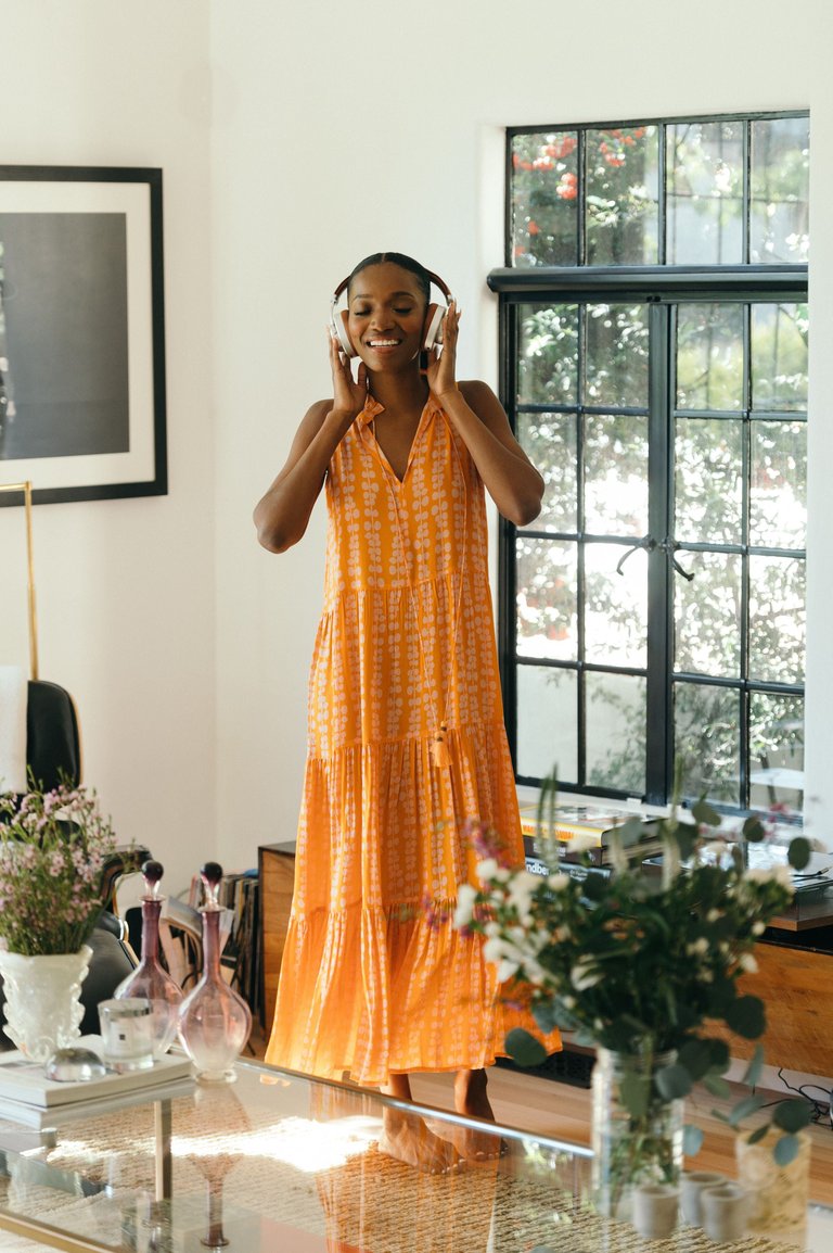 Sienna Maxi Sleeveless - Orange with pink leaves