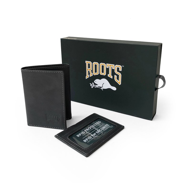 Roots Mens Leather Trifold & Id Holdr Set - Black