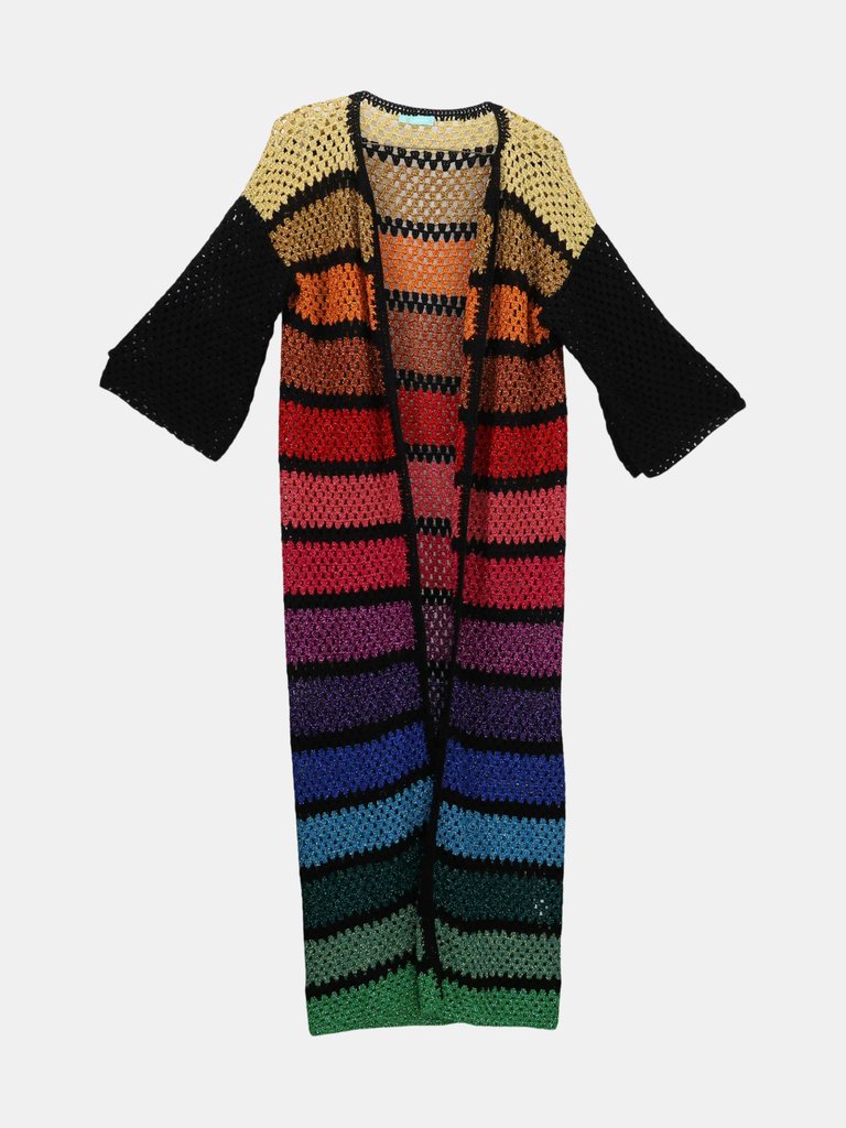Rose Carmine Women's Horizontal Black / Rainbow Metallic Granny Crochet Striped Long Cardi Cardigan - Horizontal Black / Rainbow