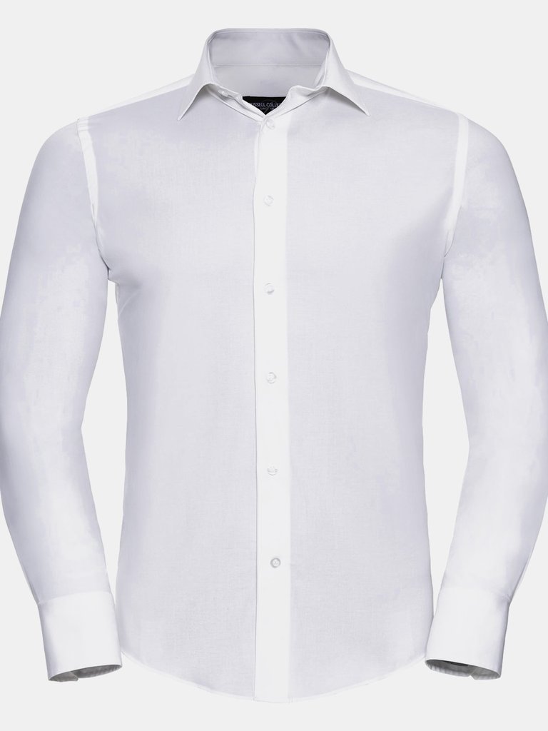 Mens Easy-Care Fitted Long-Sleeved Shirt - White - White