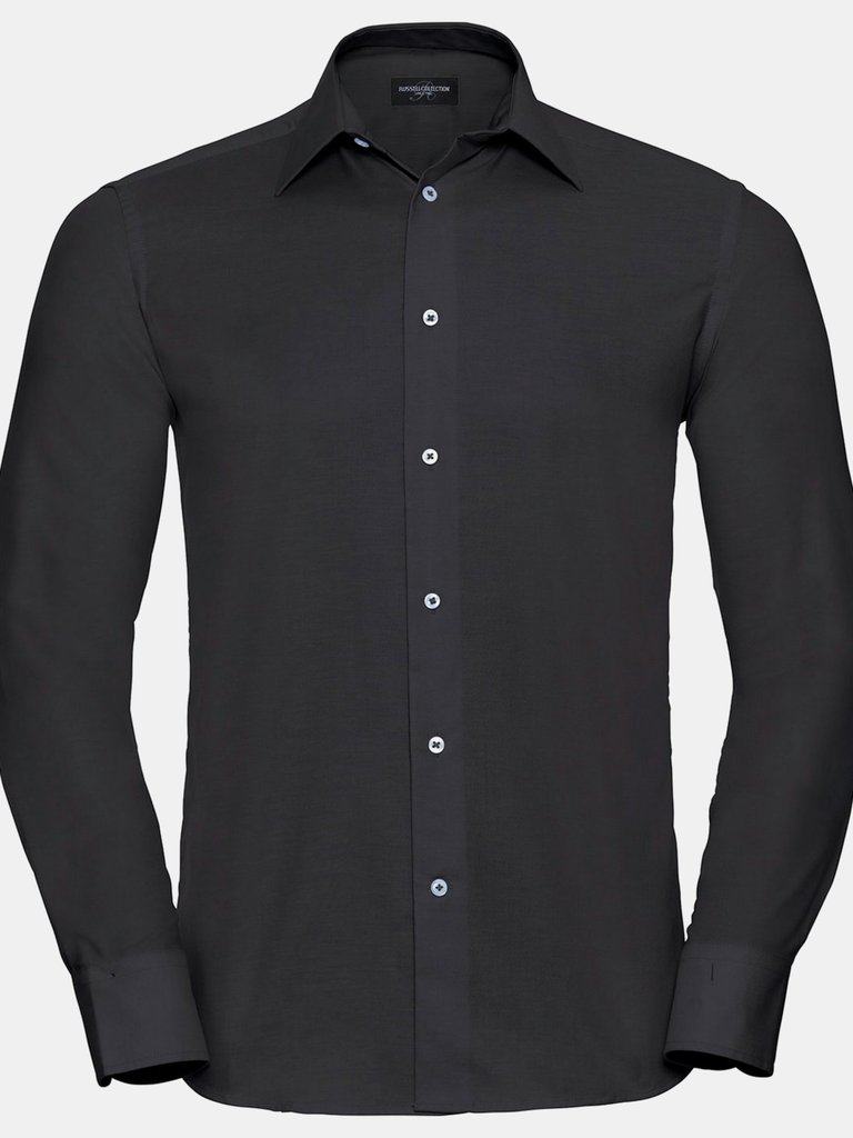 Mens Oxford Easy-Care Tailored Long-Sleeved Shirt - Black - Black